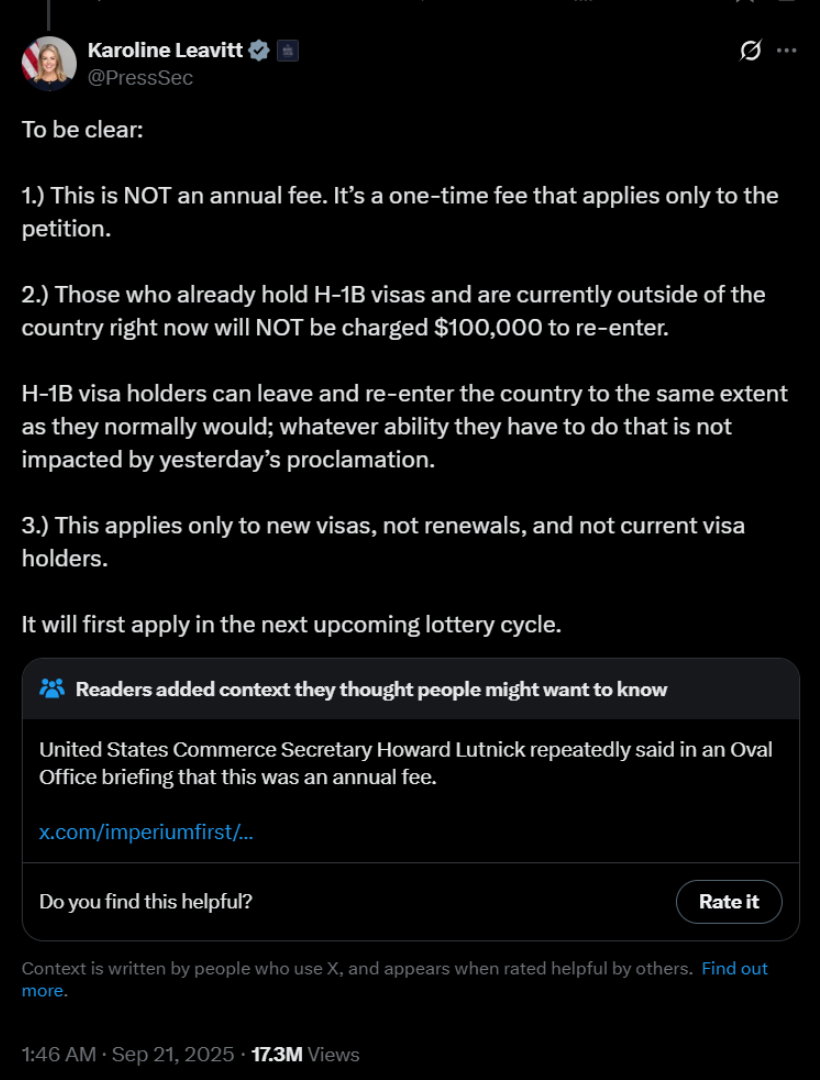 TechDogs-"A Screenshot Of The Post On X By Karoline Leavitt, White House Press Secretary, Clarifying The New H-1B Visa Payment Requirements"